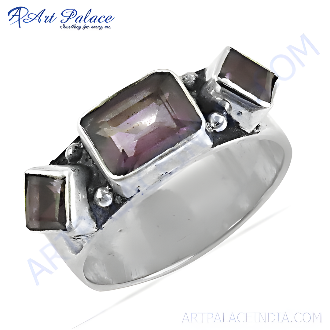 925 sterling silver ring with geometric arrangement of smoky quartz gemstones.