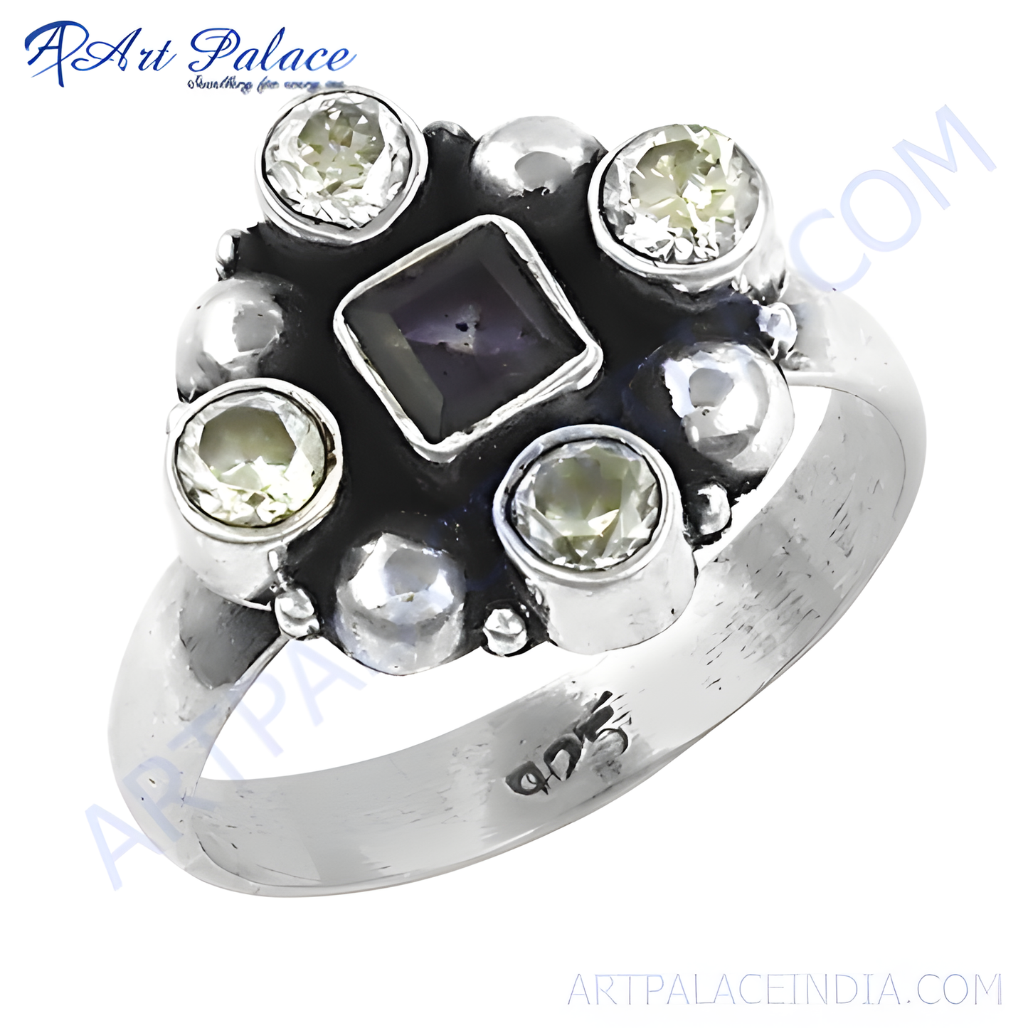 Popular Design Cubic Zirconia & Iolite Gemstone Silver Ring, 925 Sterling Silver Jewelry