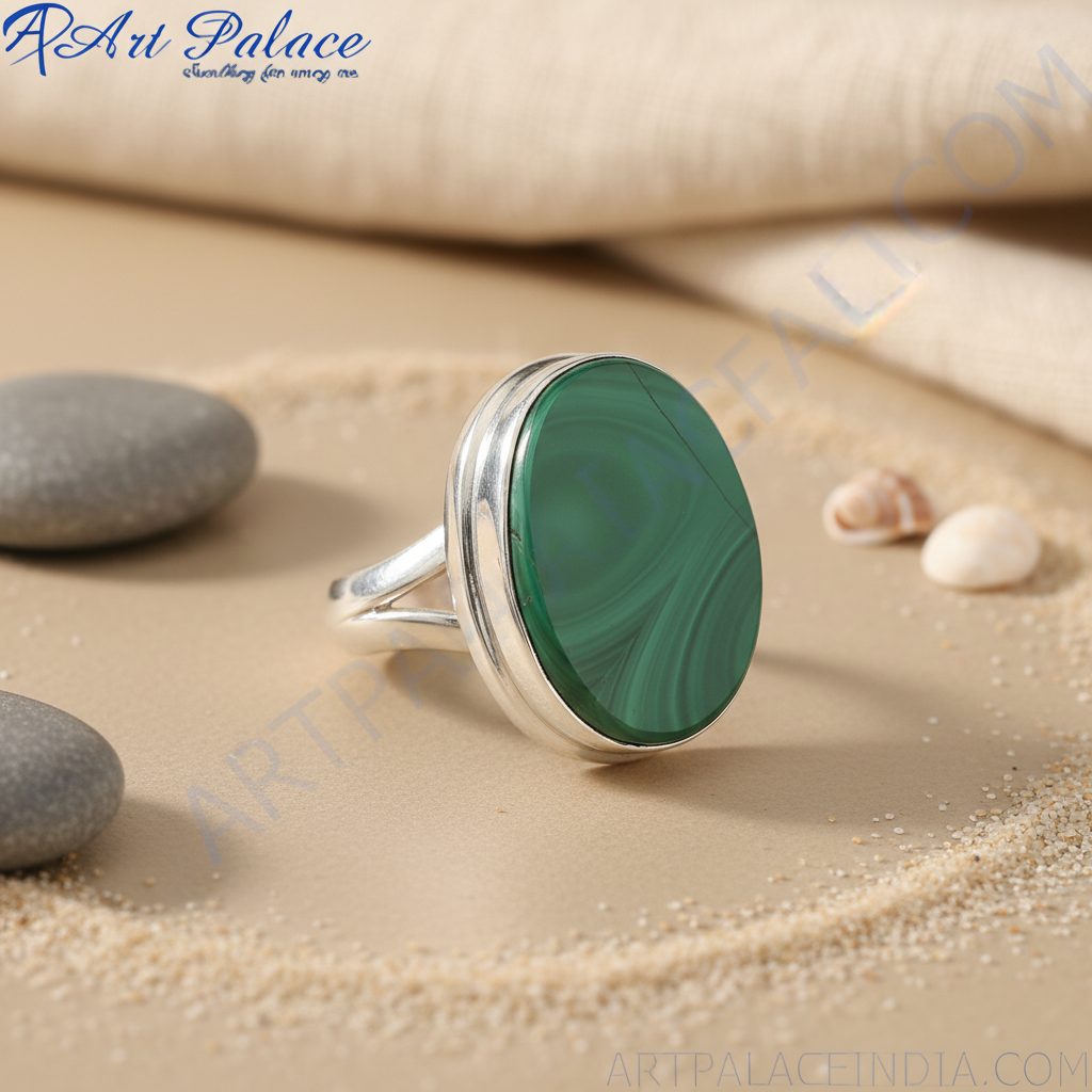 Silver ring with green gemstone | rectangular design for women