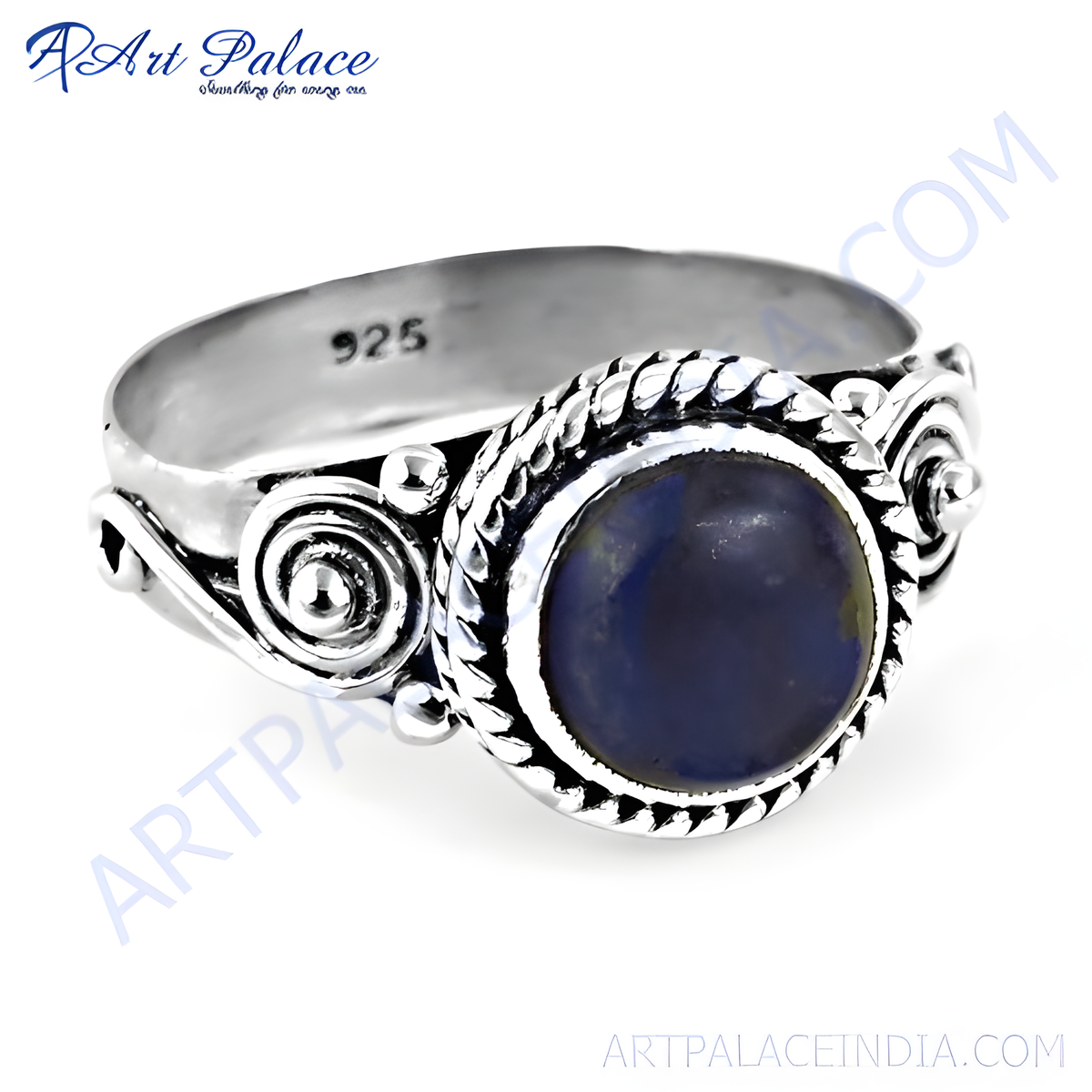 925 sterling silver ring with a round, dark blue lapis lazuli gemstone center