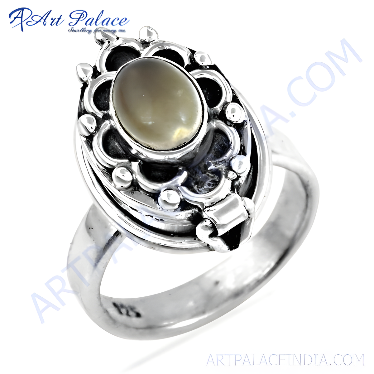 Sterling silver ring with a grey mother of pearl stone, intricate design