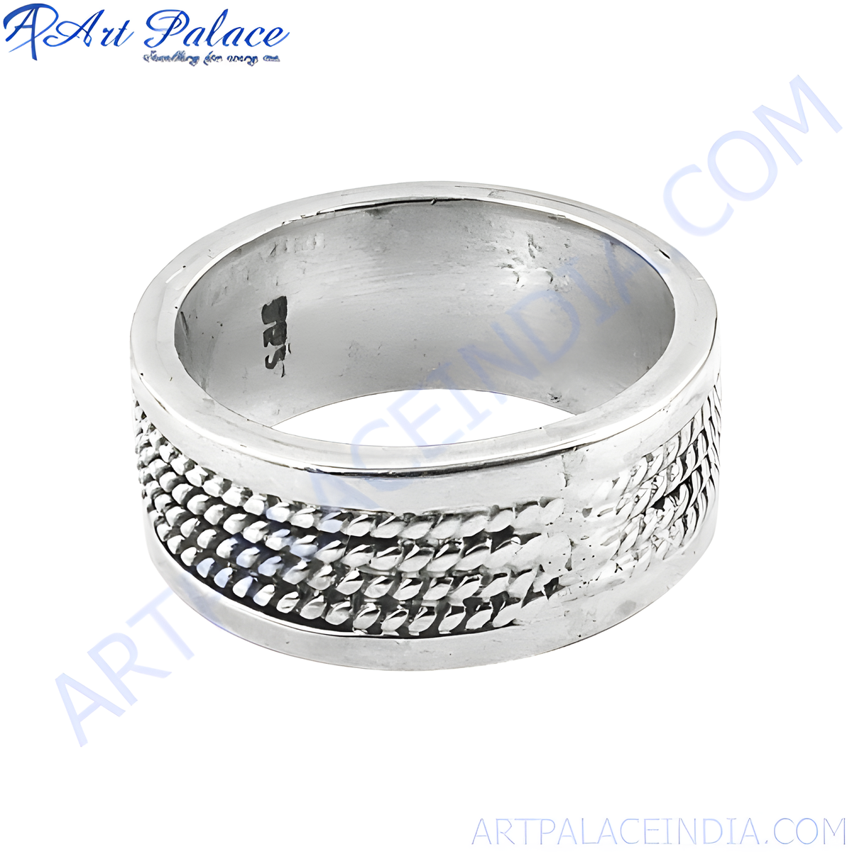 Sterling silver textured ring with a detailed design on a white background, showcasing the ring's polished finish and craftsmanship