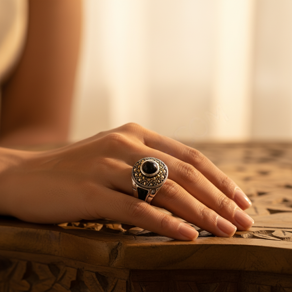 925 Silver Onyx Ring with Marcasite for Men | Classic Jewelry