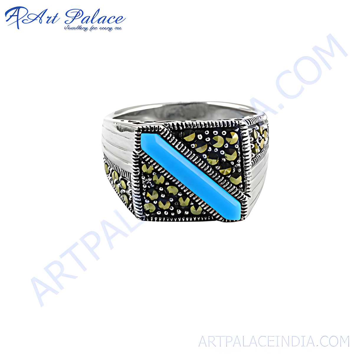 925 sterling silver men's signet ring with a vibrant blue turquoise gemstone and marcasite accents