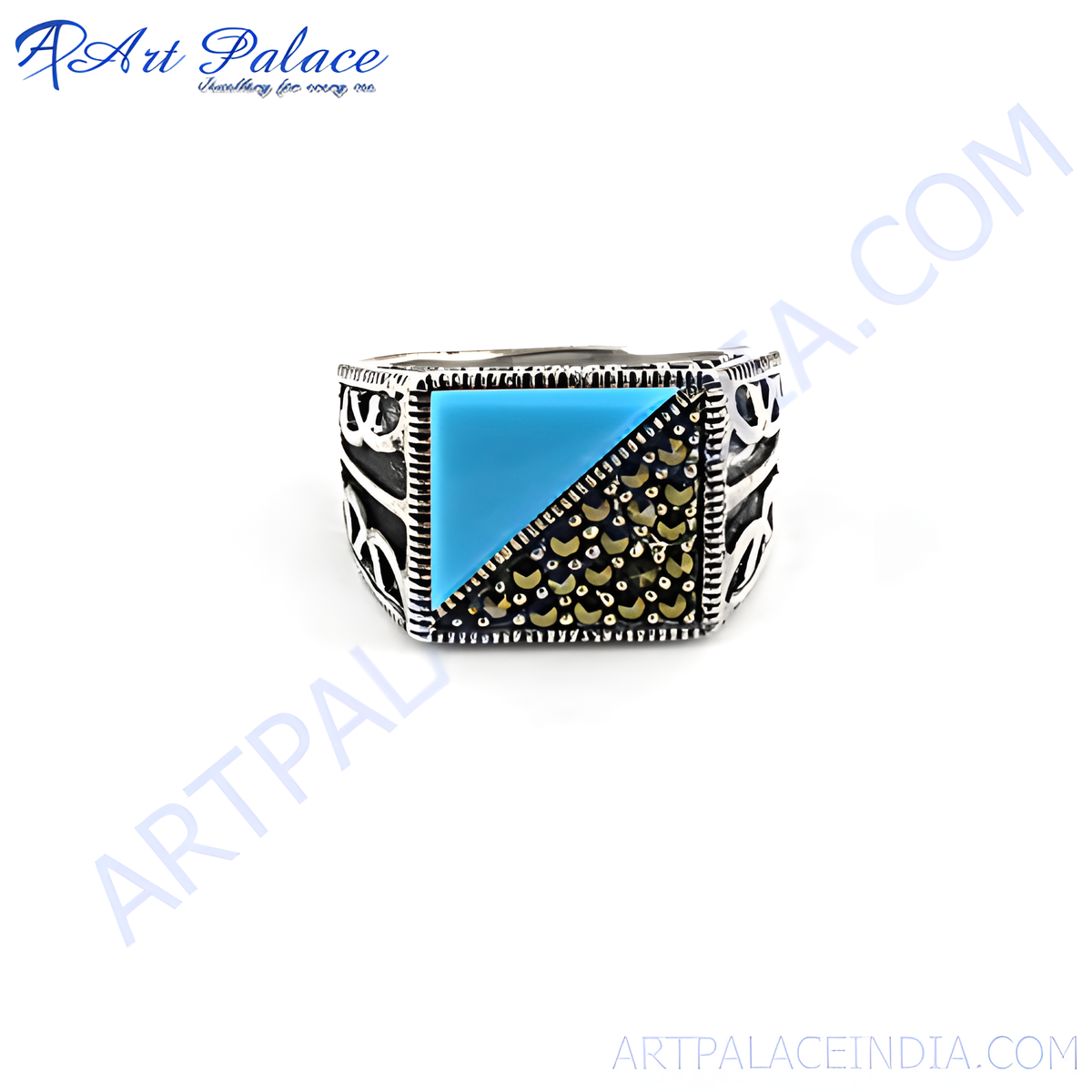 925 sterling silver signet ring with a turquoise gemstone and marcasite accents