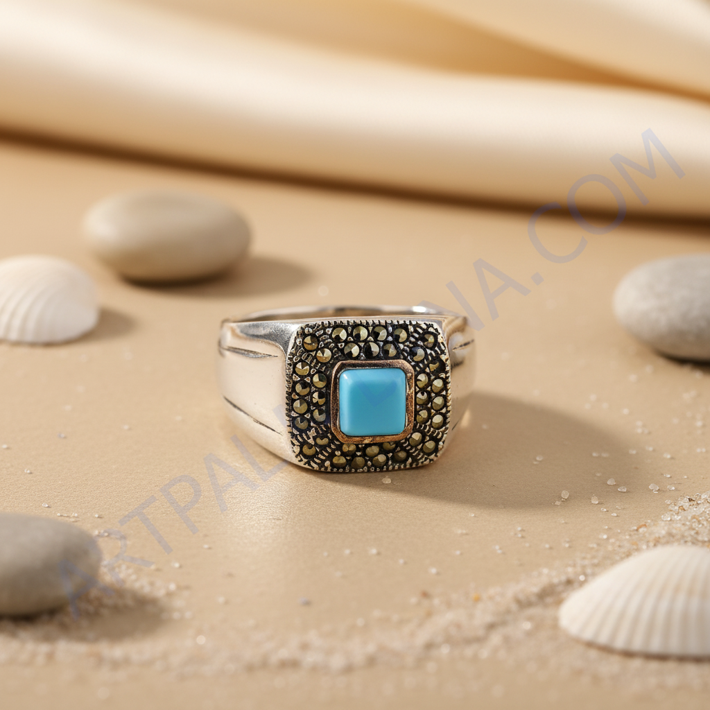 Silver Turquoise Ring with Marcasite for Women | Statement Ring