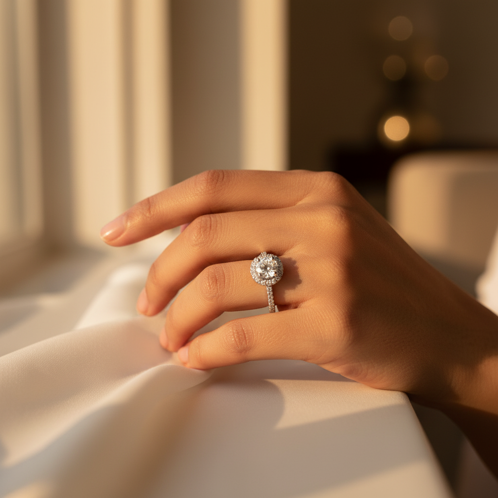 Silver Halo Engagement Ring | Diamond Look | Women's Ring