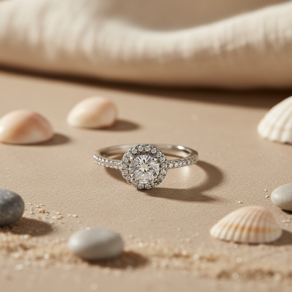 Silver Halo Engagement Ring | Diamond Look | Women's Ring