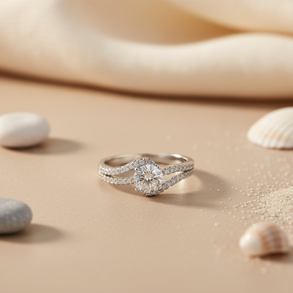 Silver Solitaire Engagement Ring | Round Cut Diamond | For Women