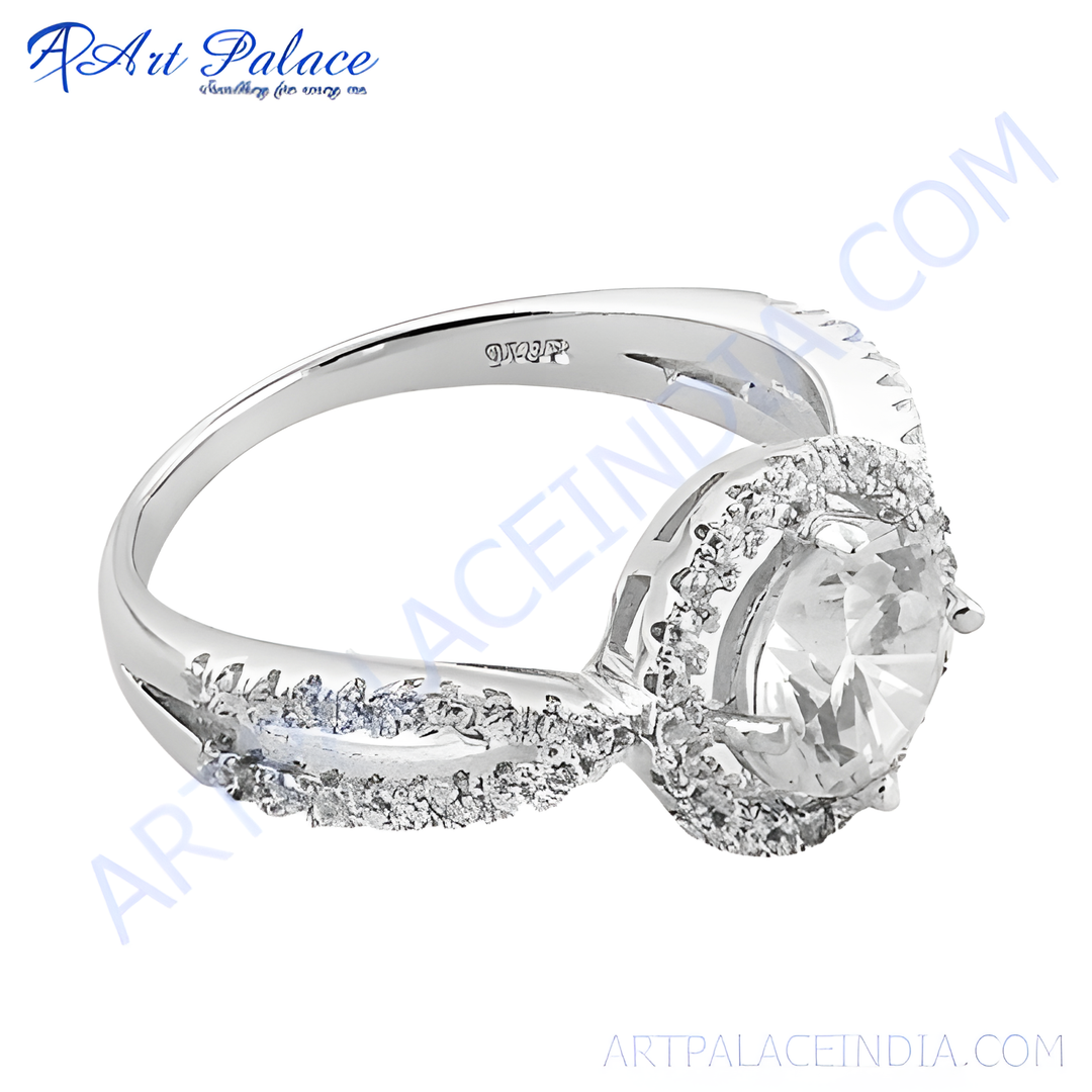 925 sterling silver halo ring with a round cubic zirconia center stone for women.
