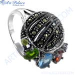 Load image into Gallery viewer, Sterling silver gemstone marcasite ring with green, blue and red gemstones.
