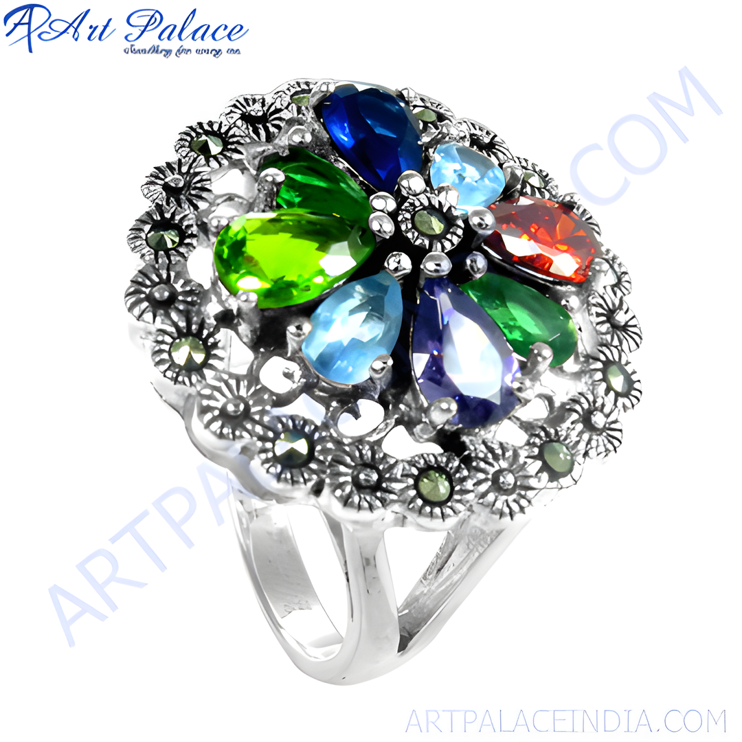 Sterling silver flower ring with a variety of colorful gemstones and marcasite accents.