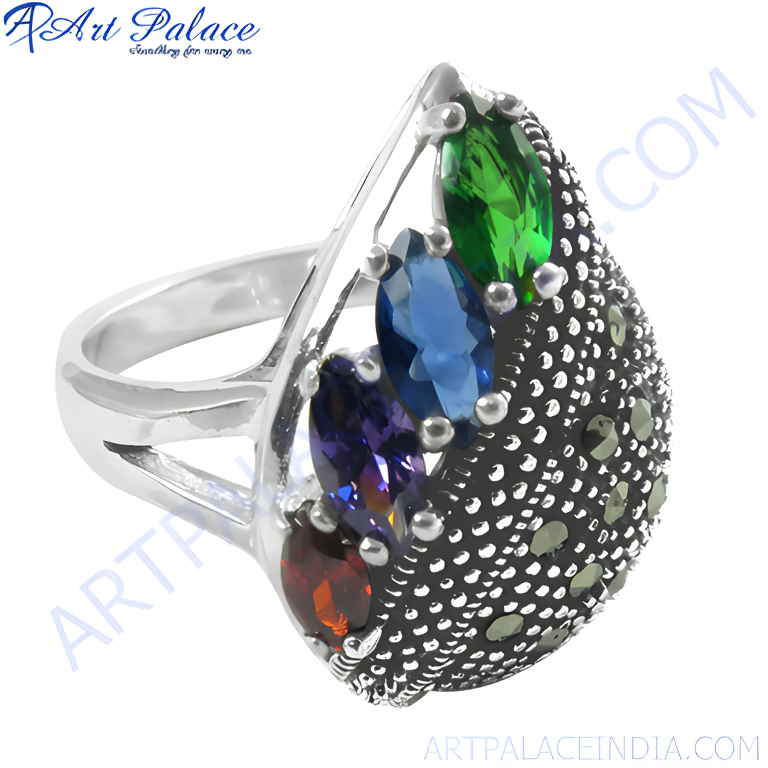 925 sterling silver cocktail ring featuring multi-colored gemstones, designed for women's fashion.