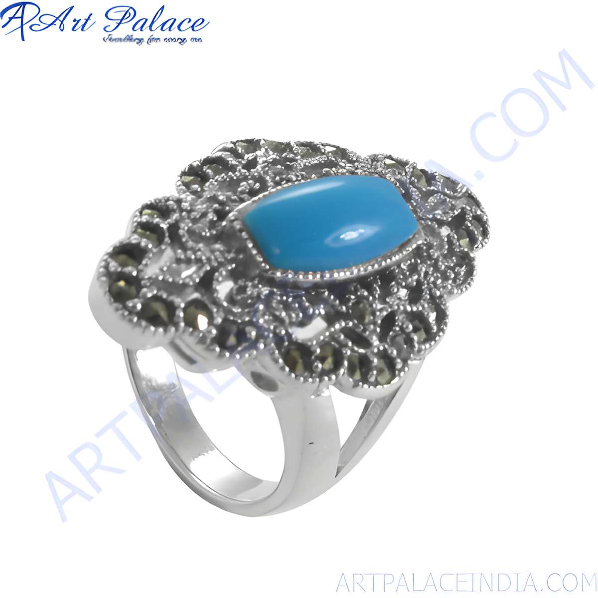 Sterling silver ring featuring a blue turquoise gemstone and marcasite accents