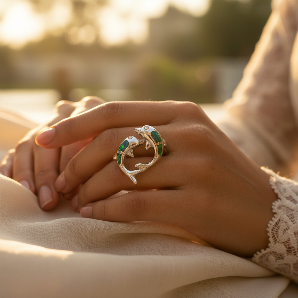 925 Silver Dolphin Ring with Opal | Women's Jewelry Gift