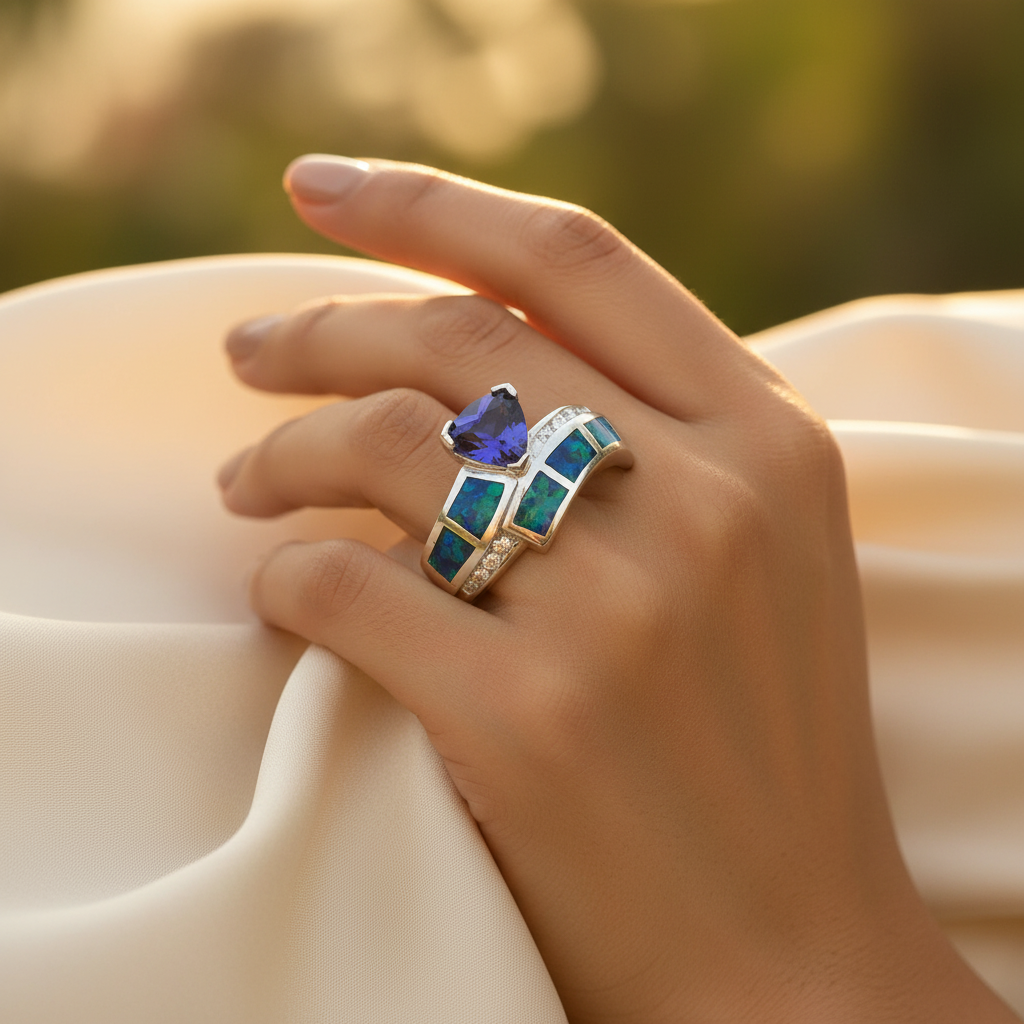 Silver Tanzanite & Opal Ring for Women | Statement Ring