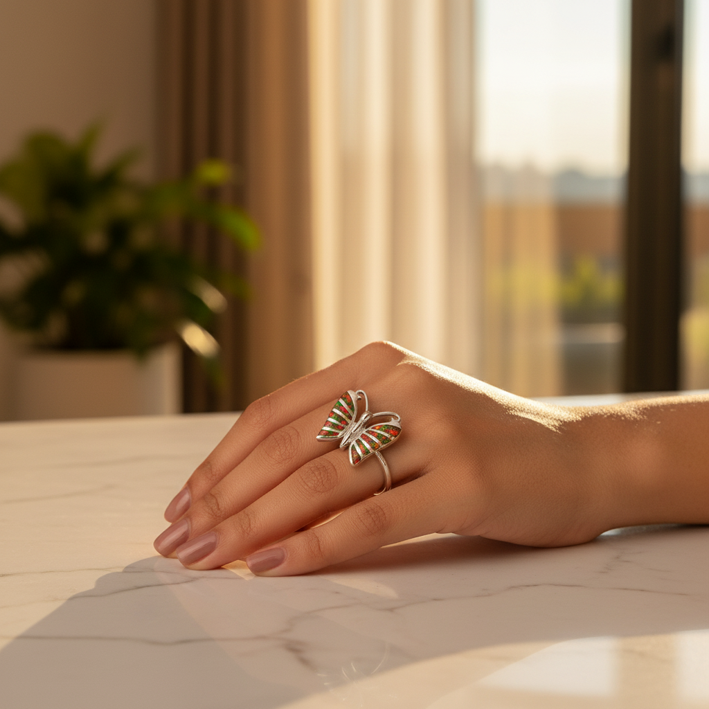 925 Silver Butterfly Ring with Opal Stone | Women's Jewelry