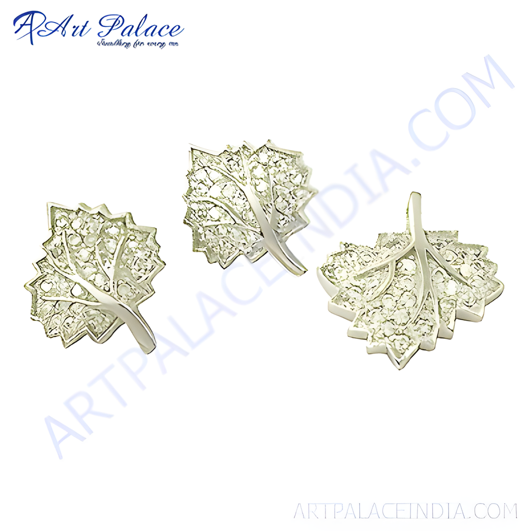 Silver leaf stud earrings with crystal embellishments, elegant design, ideal for women, silver fashion jewelry.