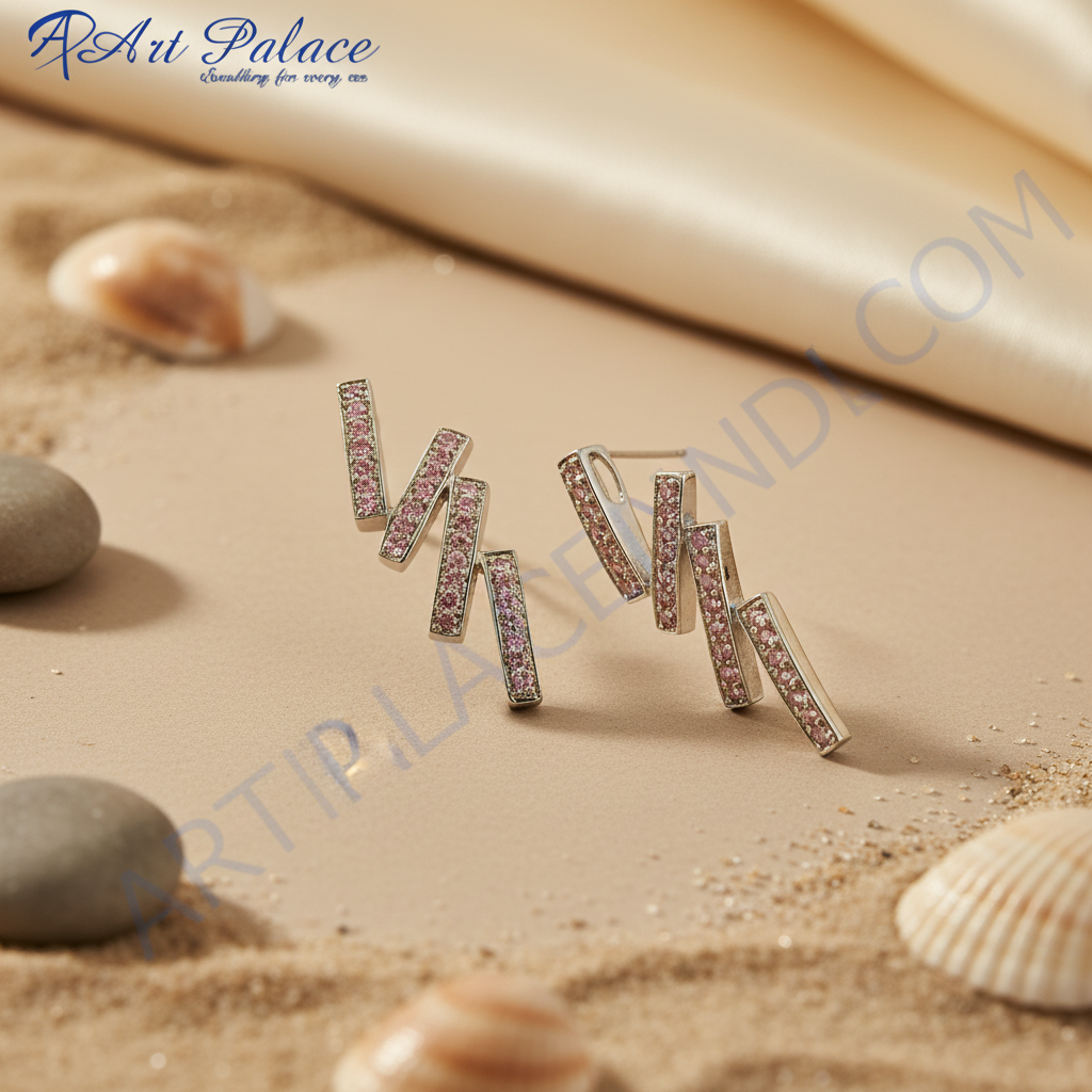 Silver Stud Earrings with Pink Crystal | Women's Jewelry Gift