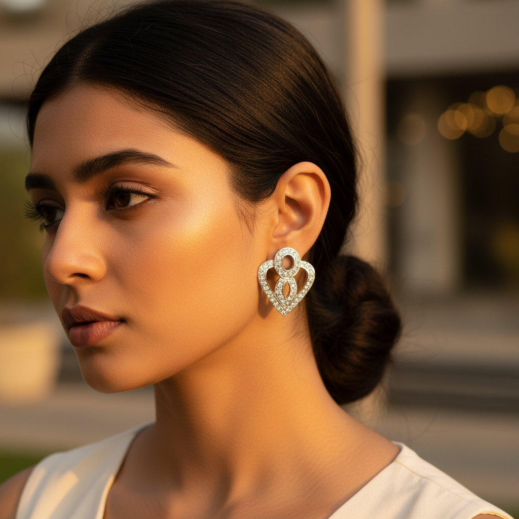 Silver Heart Stud Earrings for Women | Crystal Embellished Gift