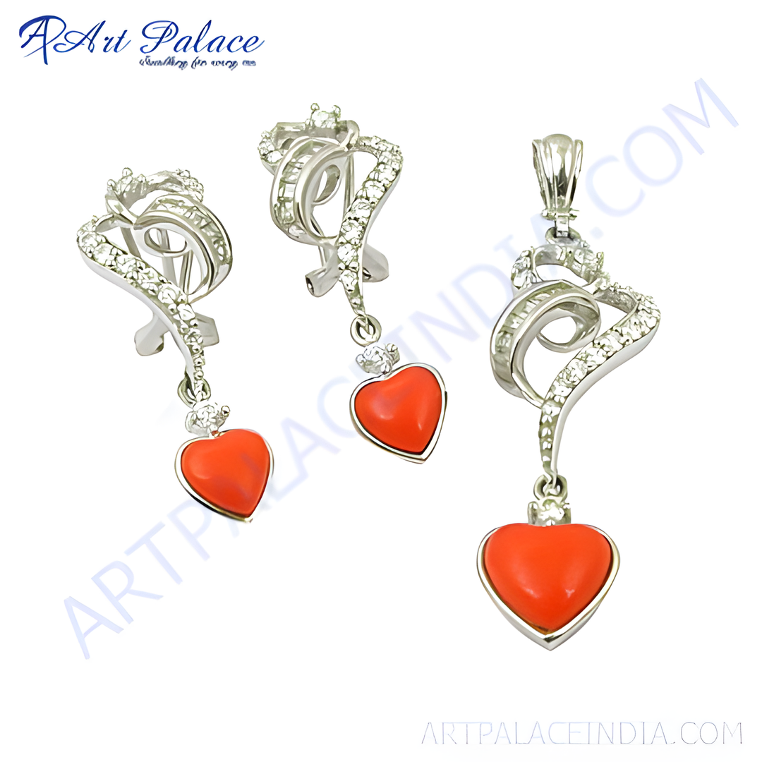 Sterling silver heart pendant earrings set with red coral gemstones, for women's jewelry.