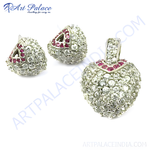 Load image into Gallery viewer, Silver earring and pendant set with sparkling cubic zirconia and ruby accents, a perfect gift idea.
