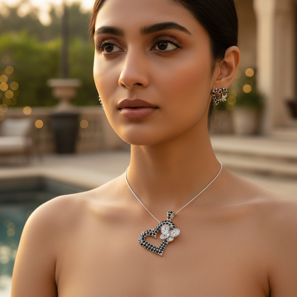 925 Silver Black Gemstone Heart Pendant & Earrings Set for Women