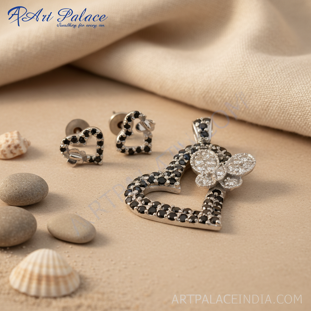 925 Silver Black Gemstone Heart Pendant & Earrings Set for Women