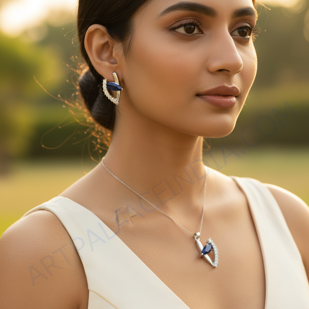 Silver sapphire jewelry set | stud earrings & pendant for women