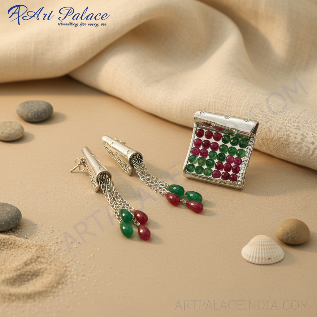 925 silver emerald & ruby earrings & pendant set | women's jewelry