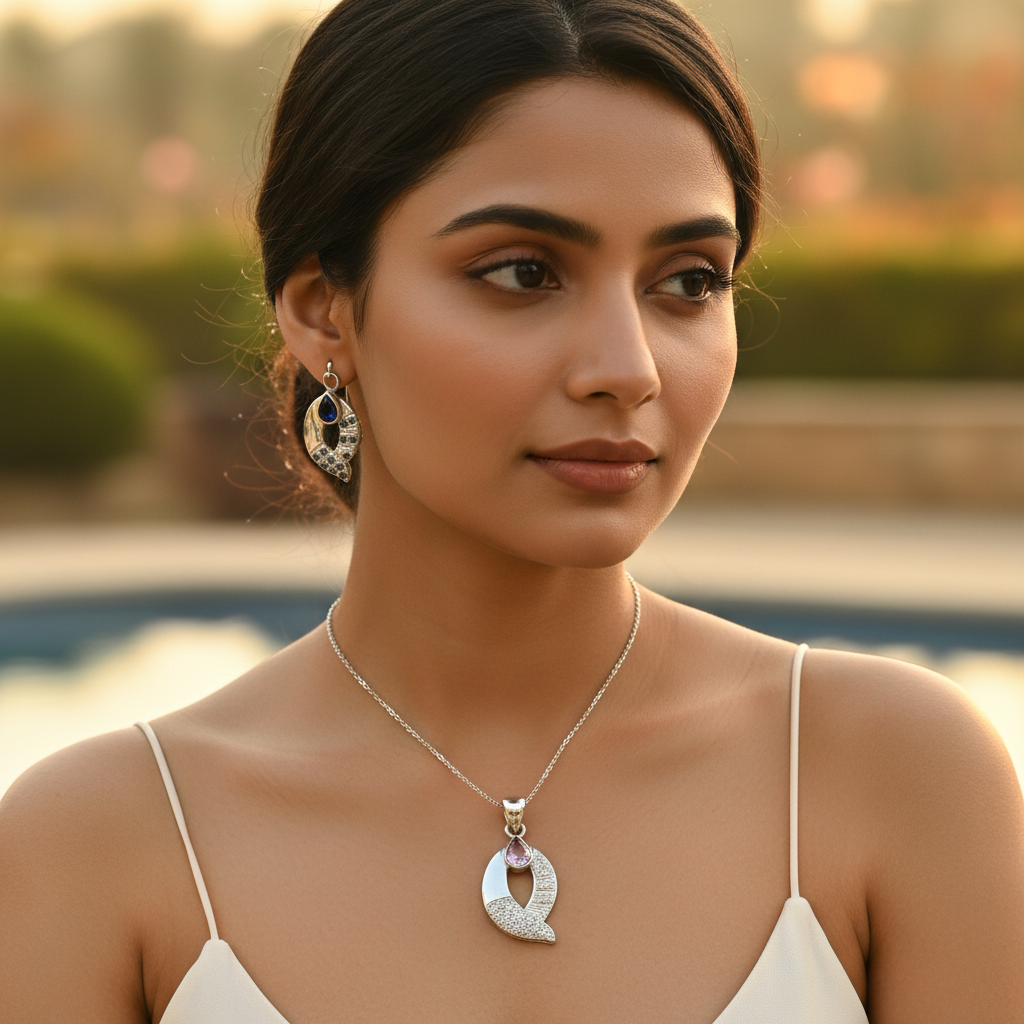 925 Silver Gemstone Pendant Earrings Set for Women