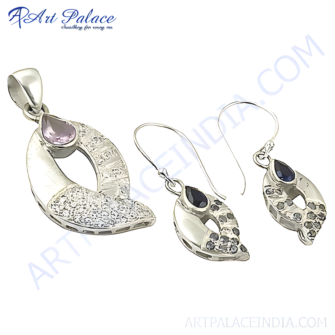 925 sterling silver pendant and earrings set featuring gemstones, perfect for any occasion.