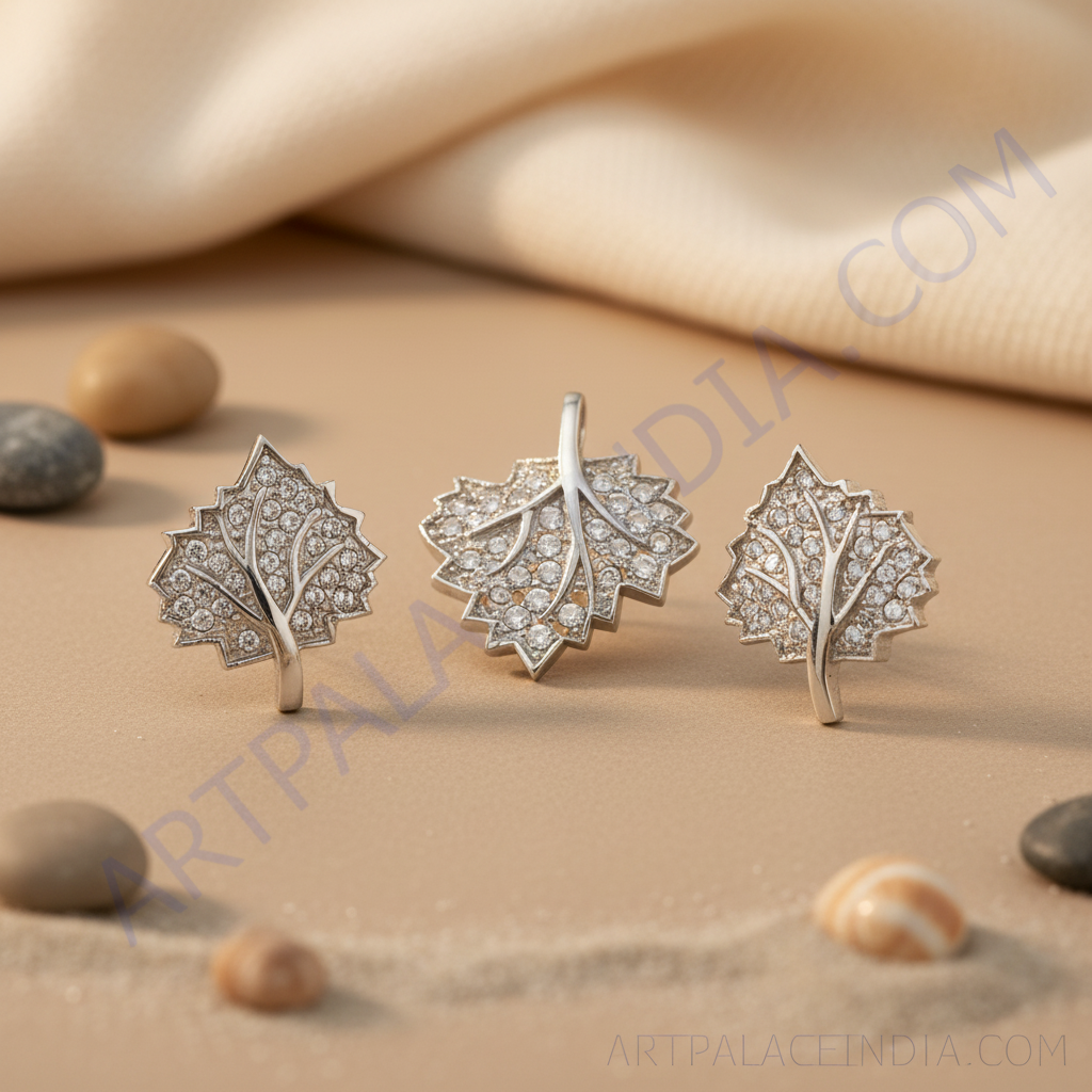 Silver leaf pendant and earrings set | cubic zirconia jewelry