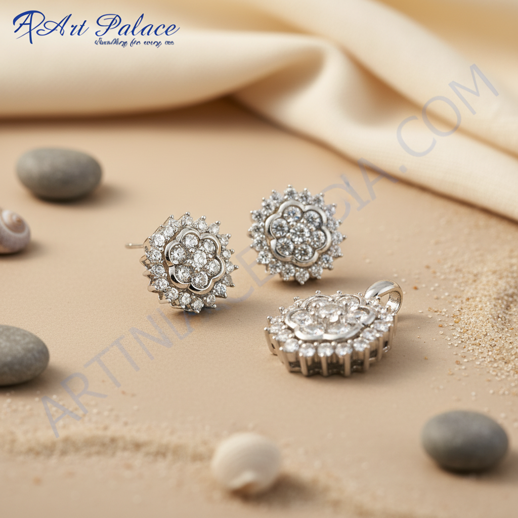 Silver flower earrings & pendant set | cubic zirconia jewelry