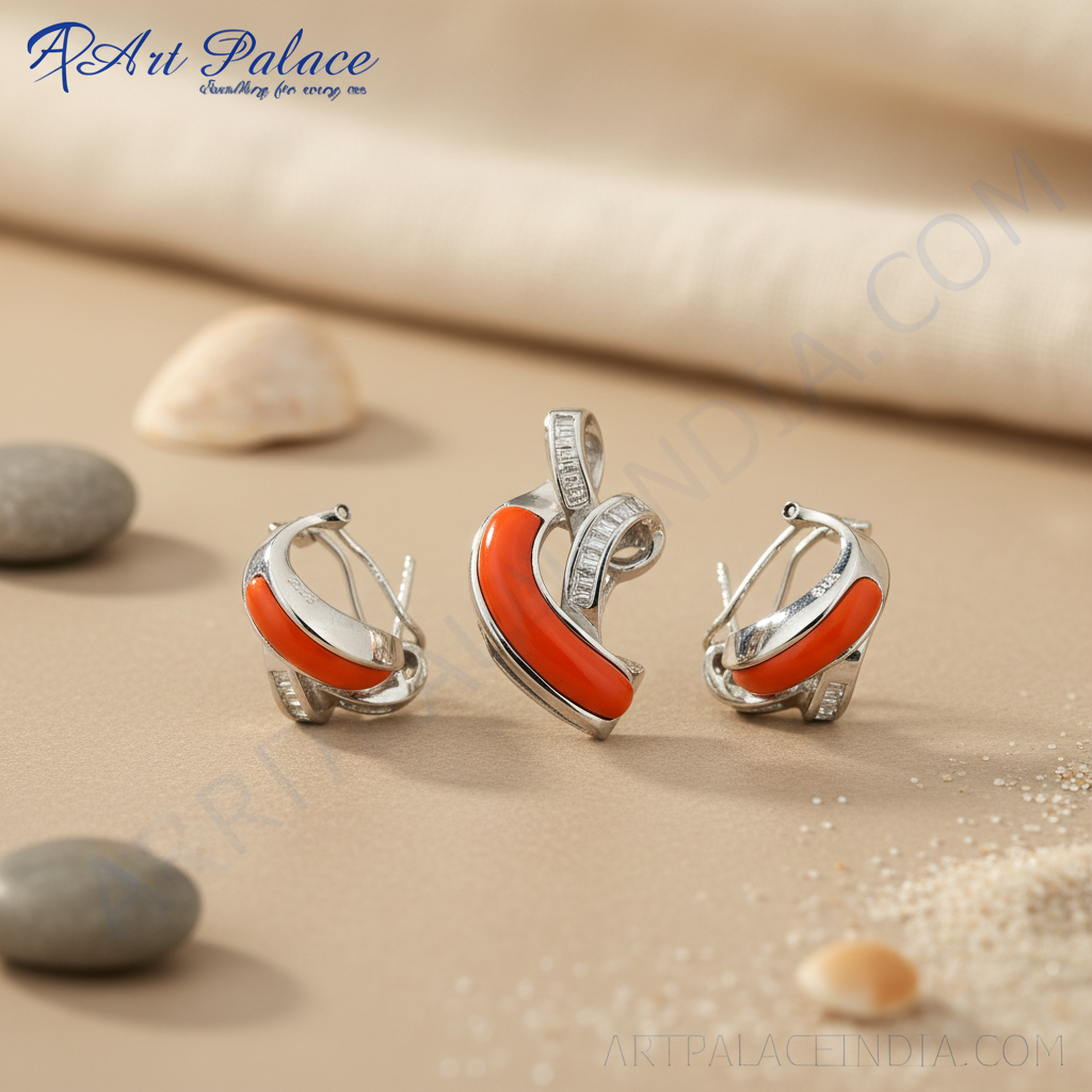 925 Silver Coral Pendant Earrings Set | Women's Jewelry