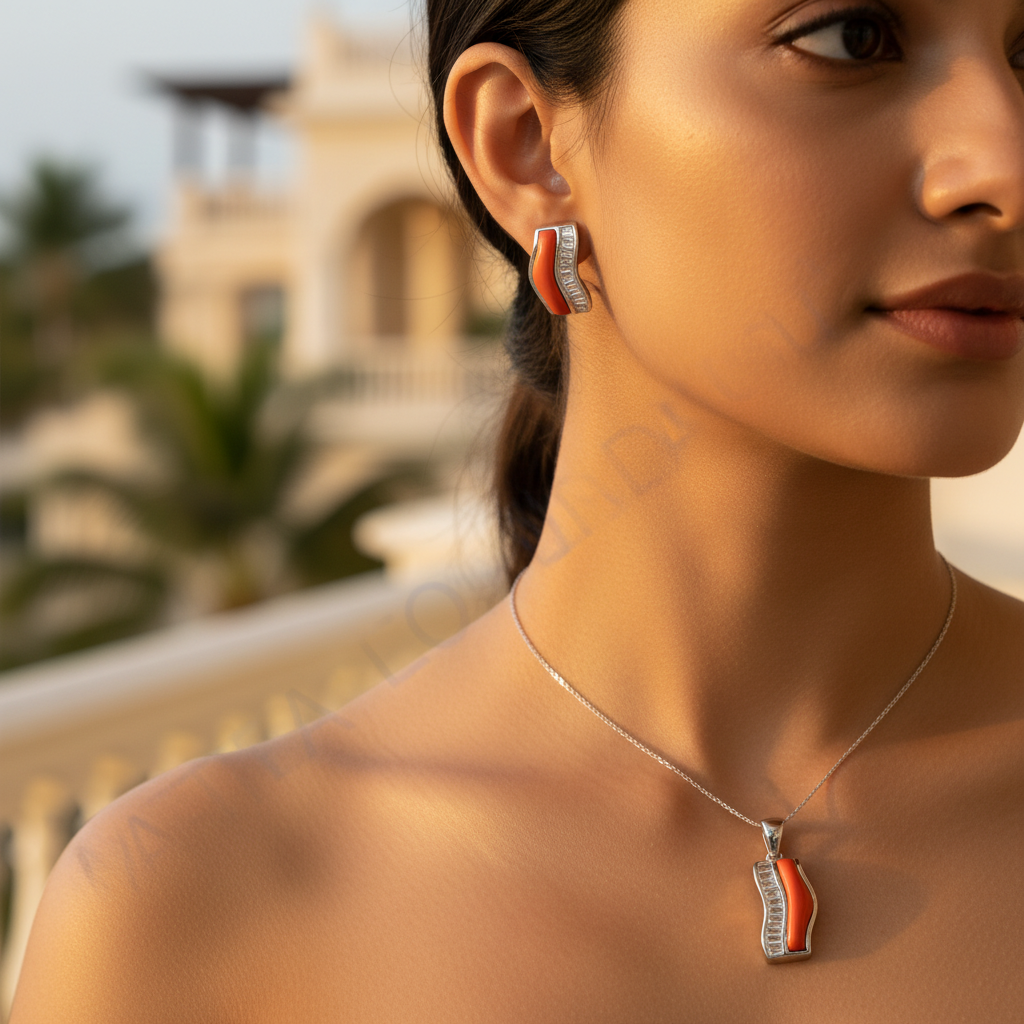 Silver coral gemstone jewelry set | women's gift | art palace