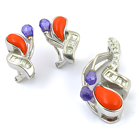 Fantastic Gemstone Silver Pendant Set With Amethyst & Coral & CZ