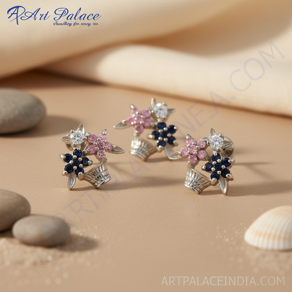 Silver Flower Basket Earrings, Pendant Set | Gemstone Jewelry