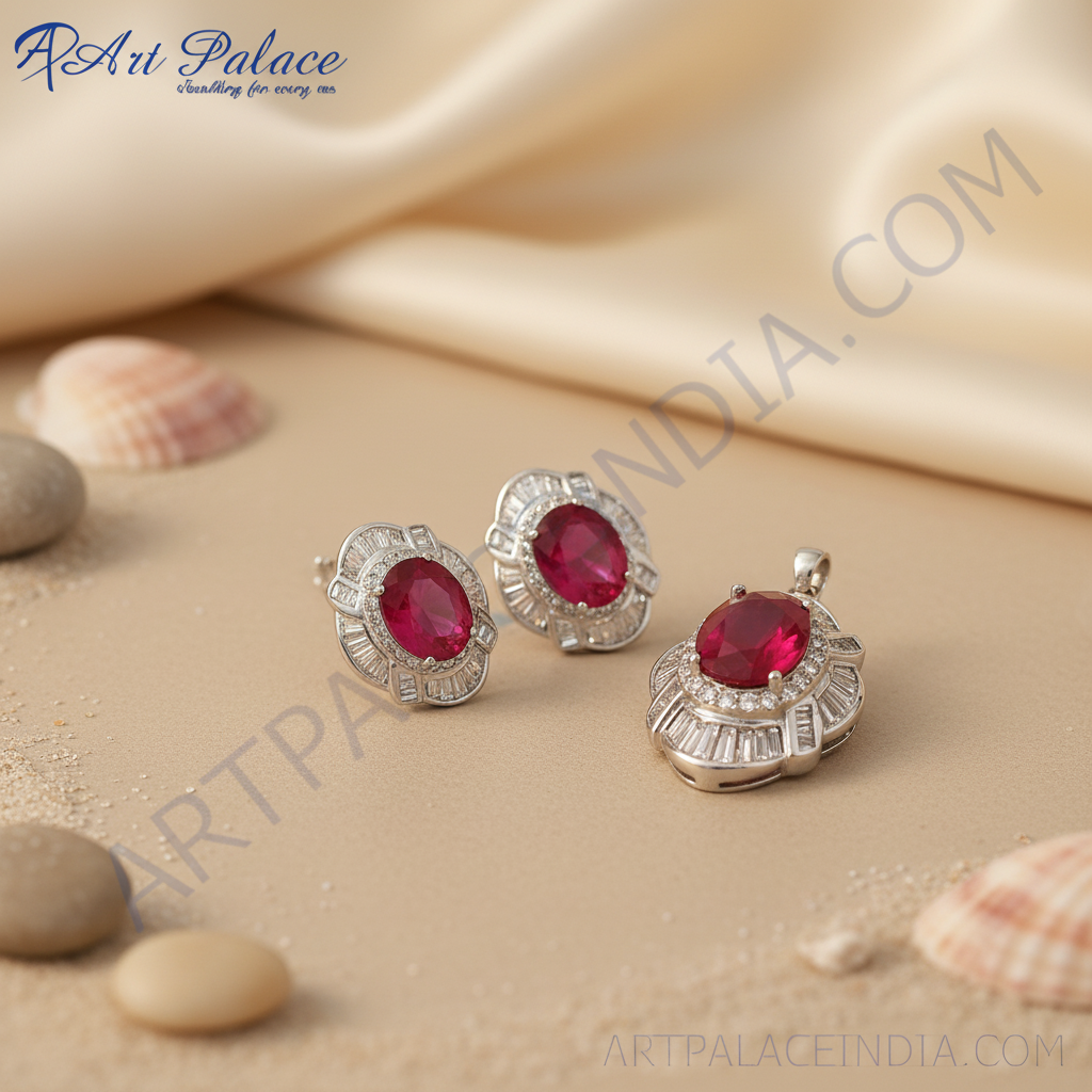 Ruby Earrings & Pendant Set | Silver Jewelry for Women