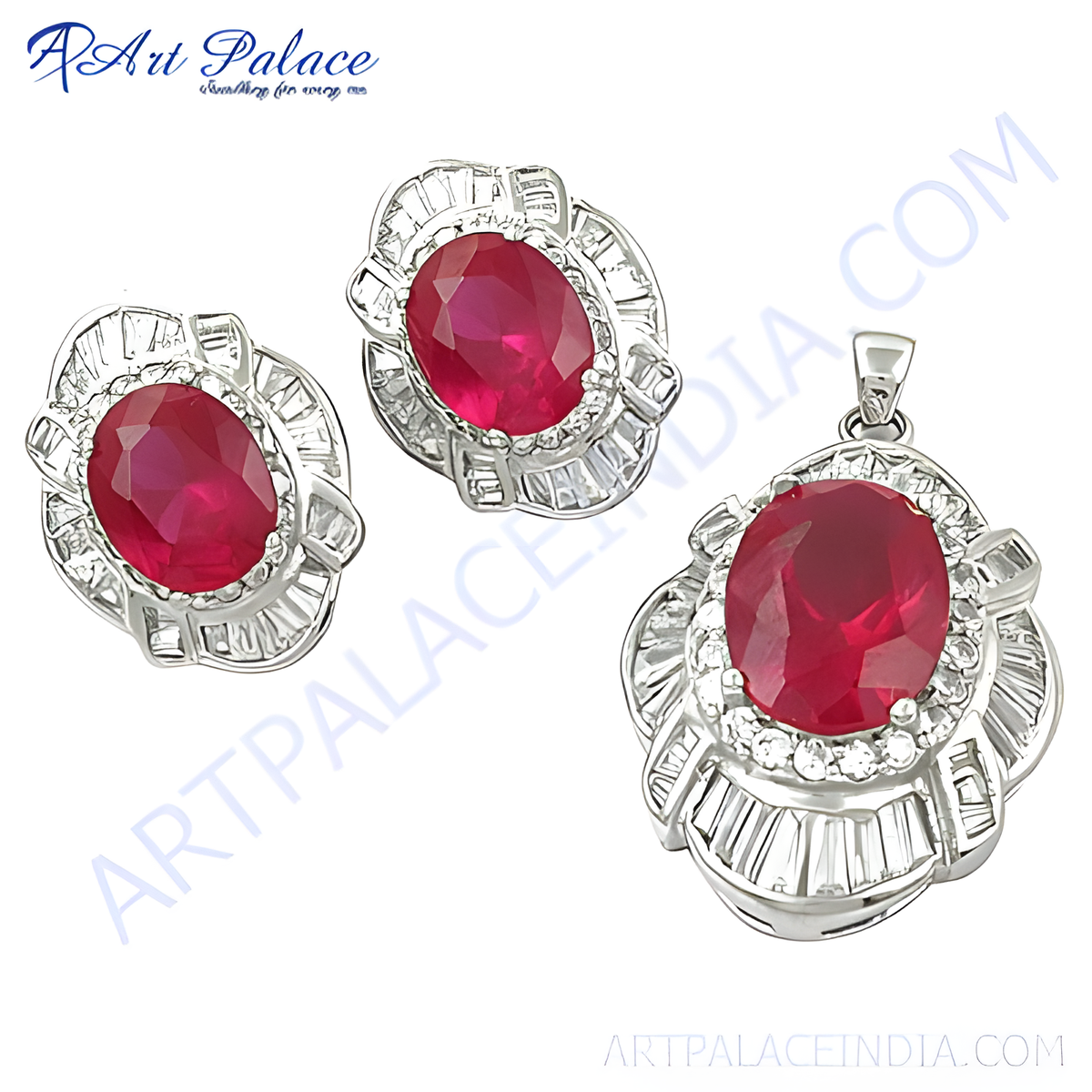 Silver ruby pendant and earrings set with red gemstone