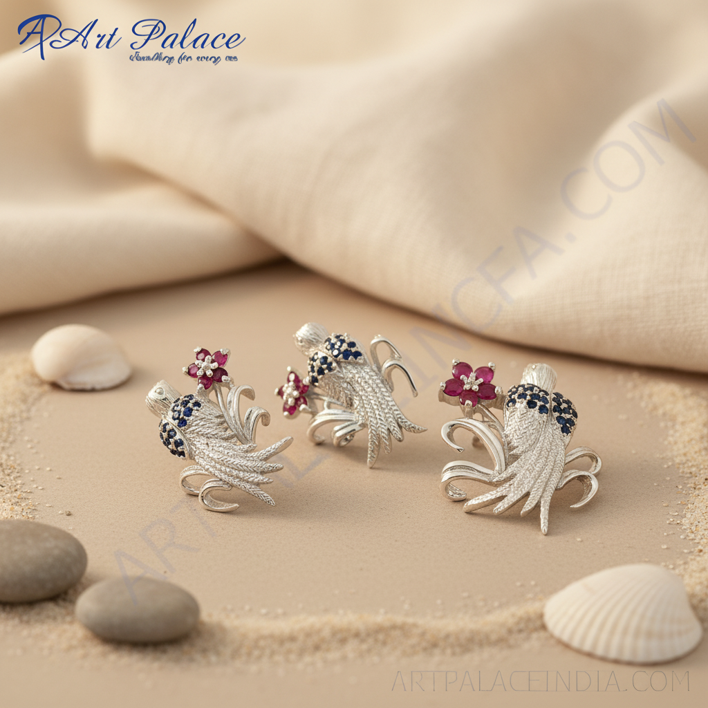 Silver flower earrings with ruby & sapphire | women's jewelry