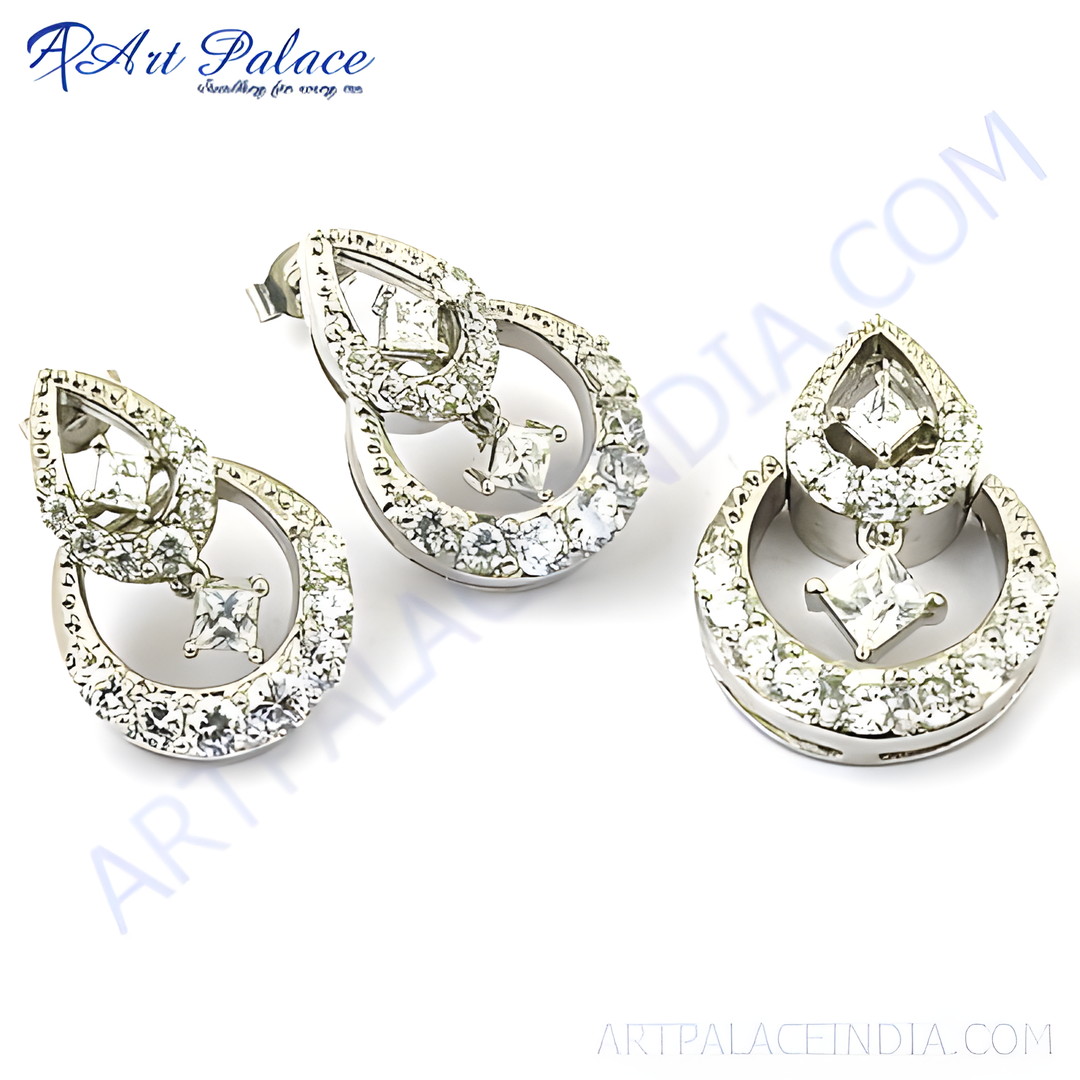 Silver earrings set with cubic zirconia stones, perfect for weddings and special occasions. Features a tear-drop and circular design.