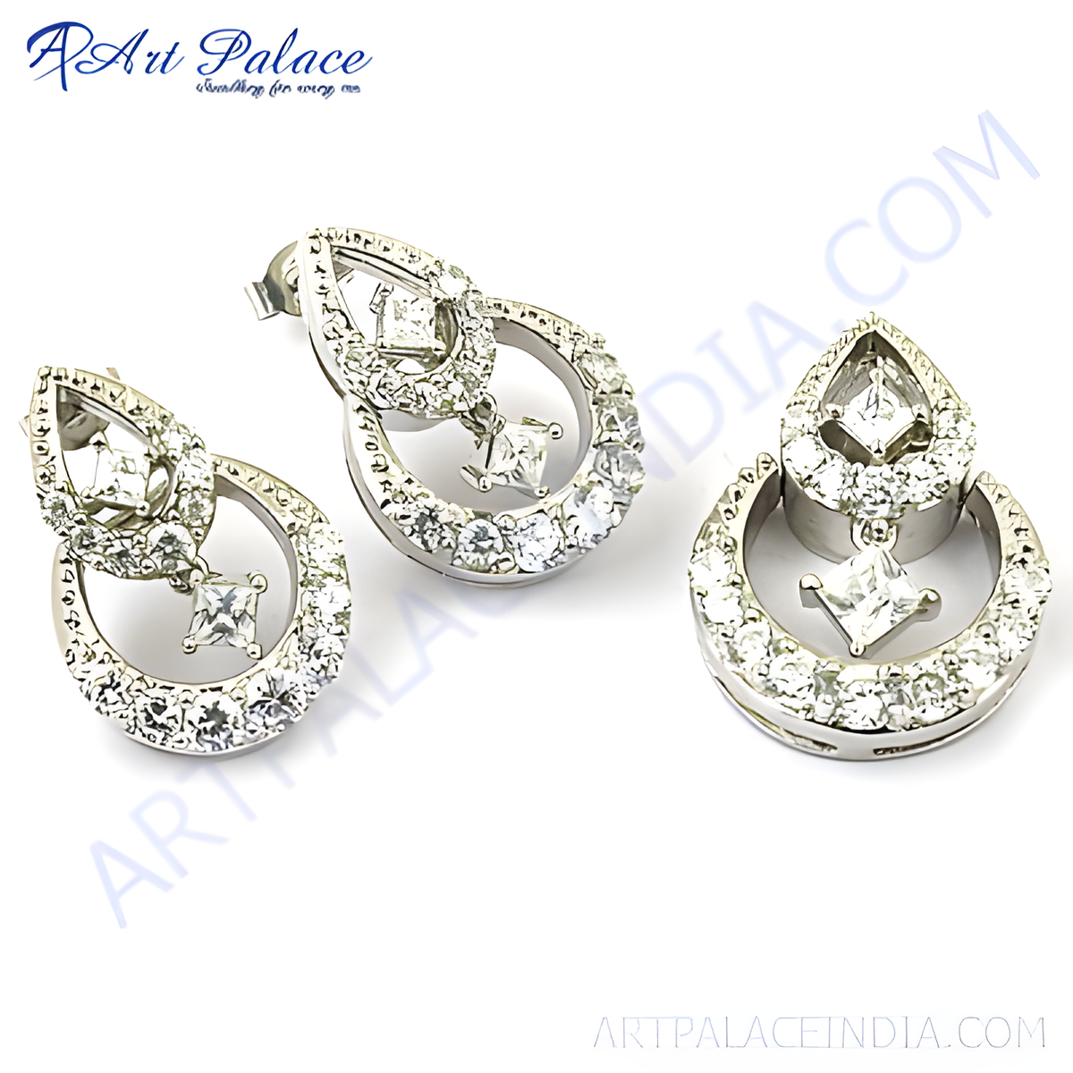 Silver earrings set with cubic zirconia stones, perfect for weddings and special occasions