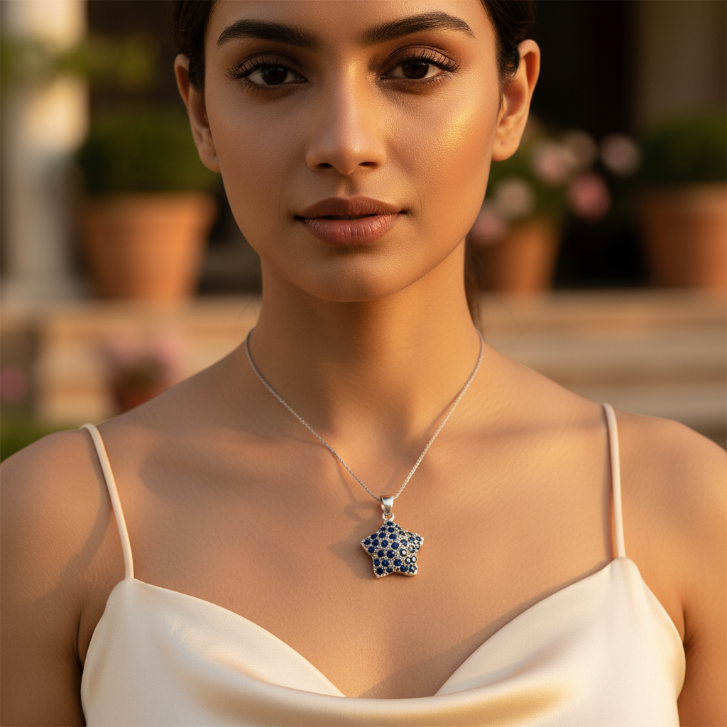 925 silver sapphire star earrings & pendant set | gift for her