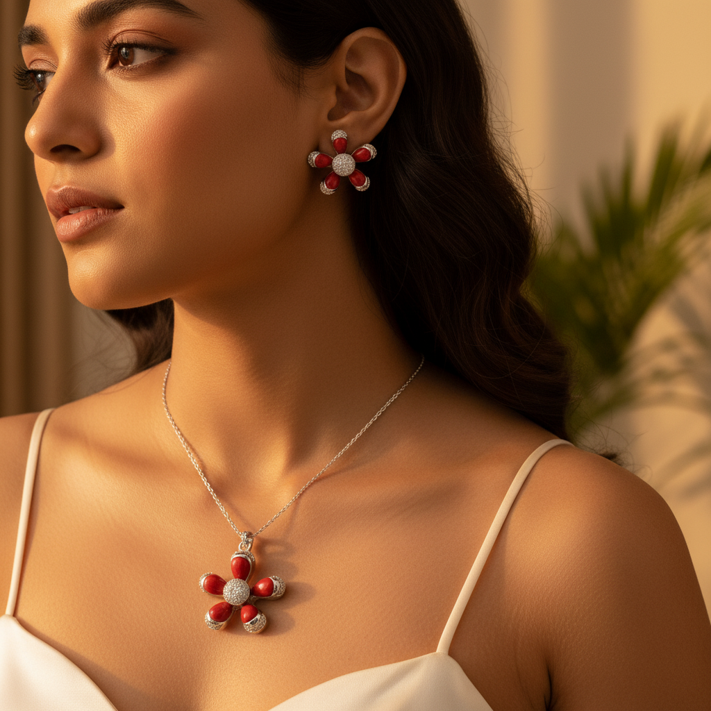 Silver Coral Flower Jewelry Set | Earrings & Pendant | Gift