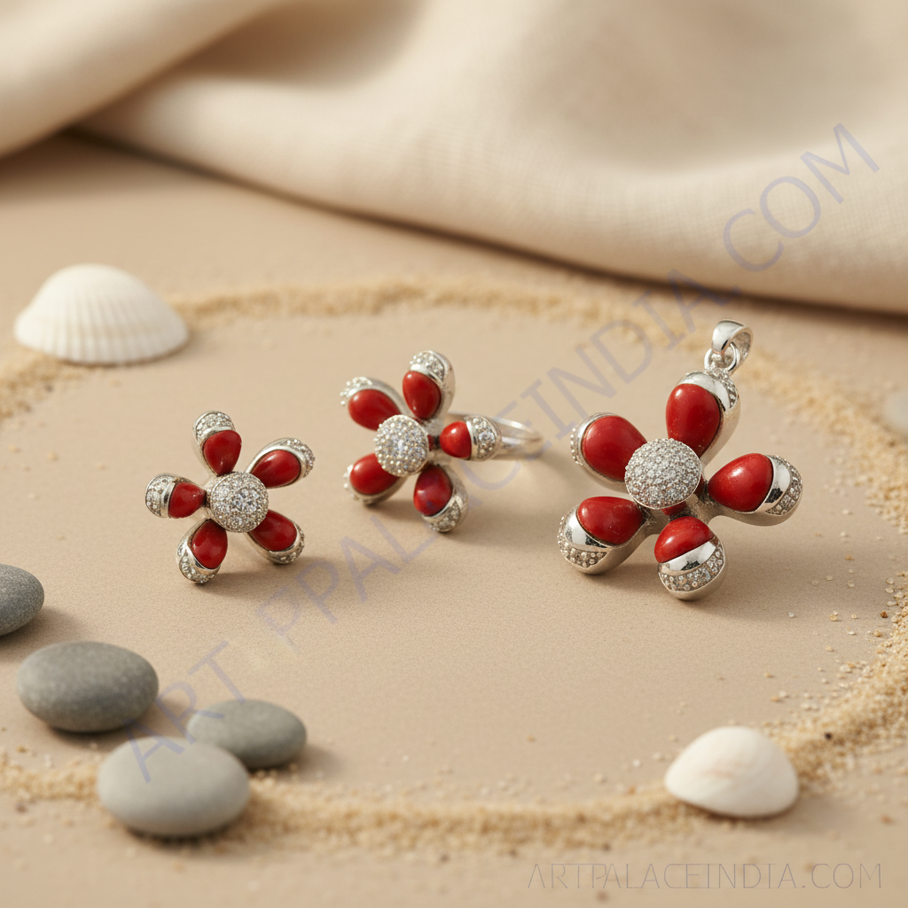 Silver Coral Flower Jewelry Set | Earrings & Pendant | Gift