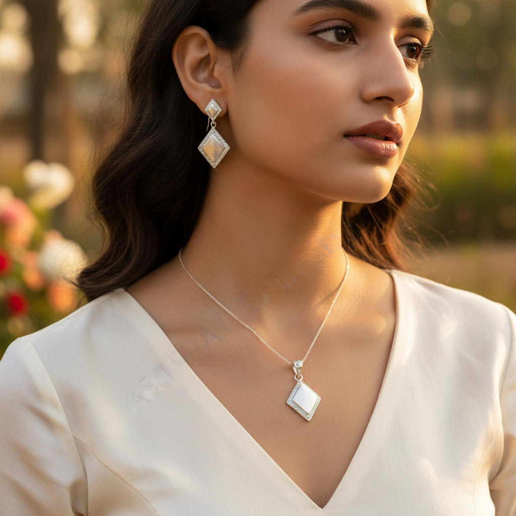 925 Silver Diamond Shape Jewelry Set | Earrings & Pendant | Gift