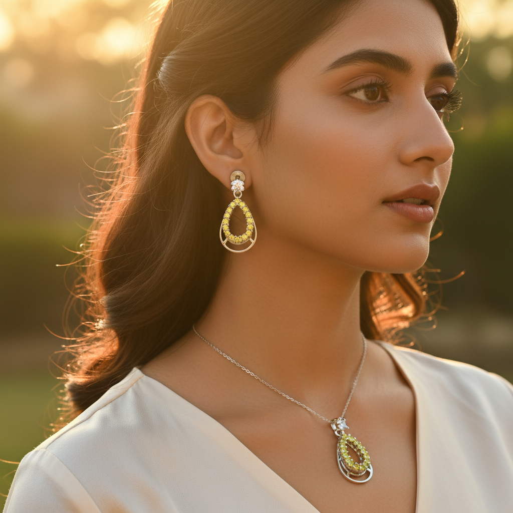 925 Silver Citrine Earrings and Pendant Set for Women