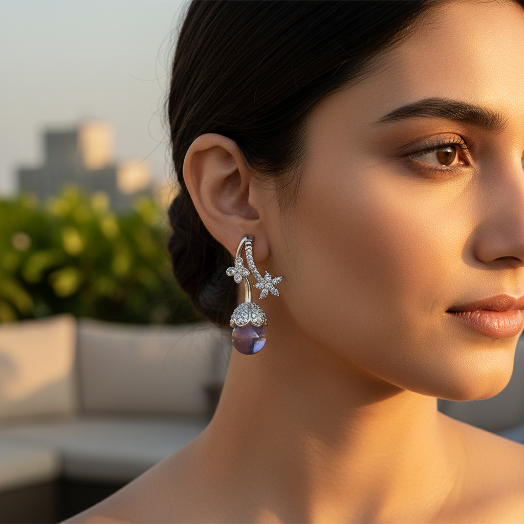 Silver Amethyst Drop Earrings for Women | Floral Design