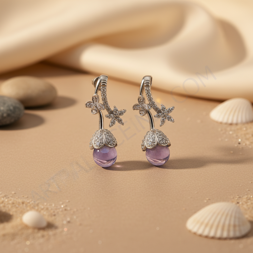 Silver amethyst drop earrings for women | floral design